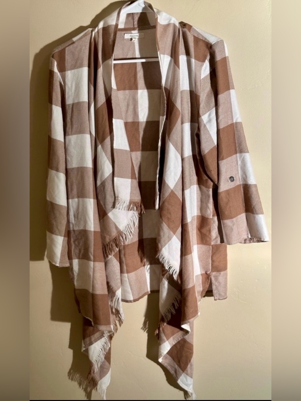 Maurices Women’s Large Buffalo Plaid Open Front Cardigan Fringe Brown Cream